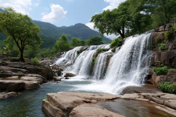 Waterfall cascades over rocks surrounded by lush greenery mountains visible in the background under a bright sky