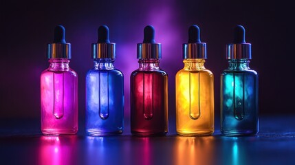 Colorful E-liquid Bottles Studio Shot, Neon Backdrop, Vape Advertisement