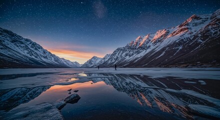 Stunning Nightscape of Snow-Covered Mountains Reflected in a Frozen Lake Under Milky Way