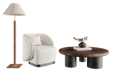 Modern curved lounge chair with floor lamp and dark wood coffee table isolated on transparent background with shadow, front view