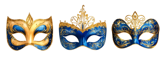 Elegant masks display gold and blue accents against a black backdrop, perfect for masquerade events or festive celebrations, transparent background