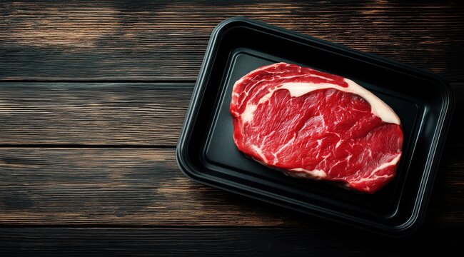Fresh raw beef steak in black tray on wooden table background. - Powered by Adobe