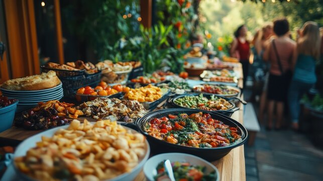 Abundant outdoor buffet feast; guests chatting - Powered by Adobe