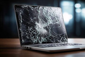 Cracked laptop screen, highlighting the damage while the device still functions partially.