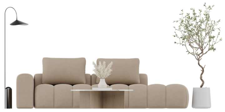 Front view of beige modular sofa with marble coffee table, plant and floor lamp – cutout PNG with transparent background