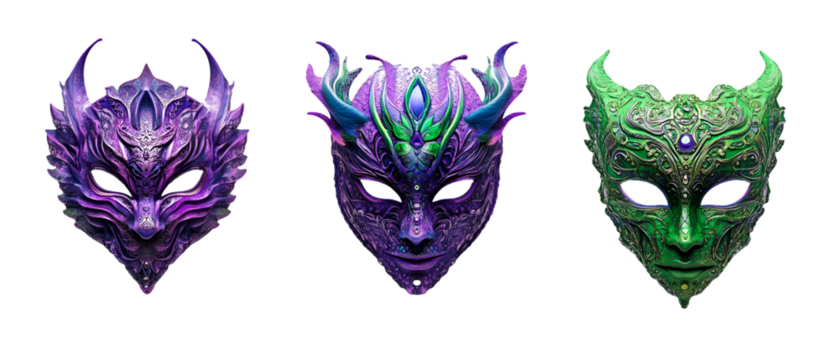 An assortment of ornate masks showcases fantasy designs, including demon and fae styles with vibrant purple, green, and blue colors on a transparent background.