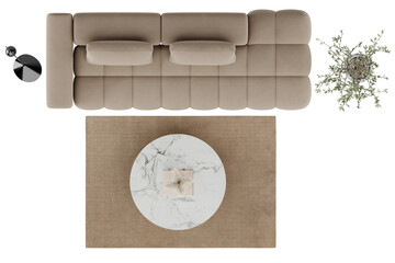Top view of modern beige sofa with round marble coffee table and floor lamp – transparent background PNG with shadow