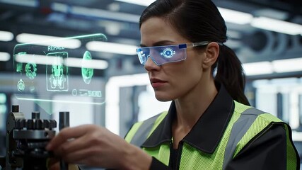 Woman in safety vest repairs machine with AR display; indoors, modern