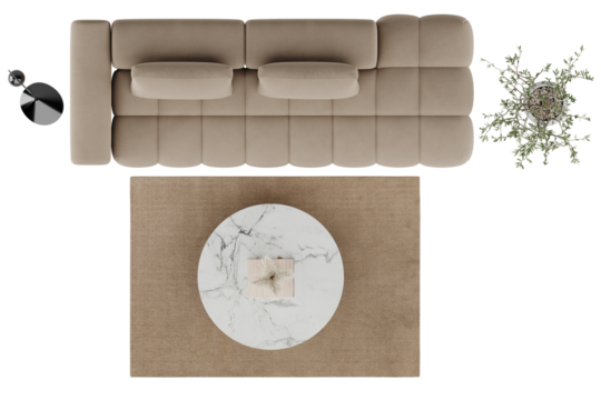 Top view of modern beige sofa with round marble coffee table and floor lamp – transparent background PNG with shadow