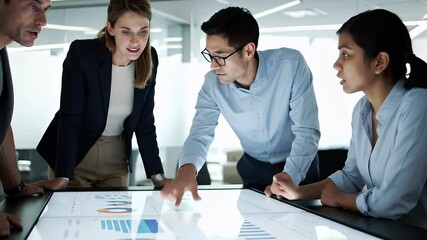 Team intently reviews graphs on a bright, interactive digital table display - Powered by Adobe