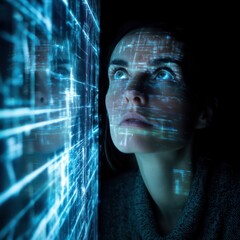 Deep focus on a woman navigating a complex digital interface filled with data analytics.
