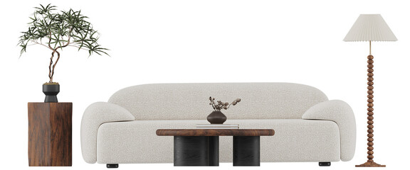 Front view of minimalist white boucle sofa with black coffee table and wooden floor lamp –...