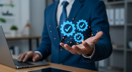 Businessman showing gears with checkmarks, symbolizing process and efficiency