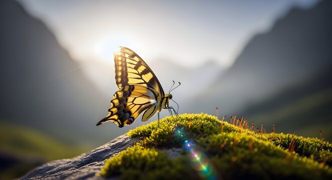 Yellow Butterfly on Green Moss Stone in Mountain Landscape at Sunset