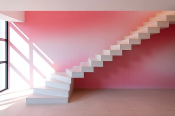 Modern interior design with pink wall and white staircase near window for home decor ideas and inspiration