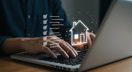 Person using a laptop with a house icon and checklist, representing real estate tasks