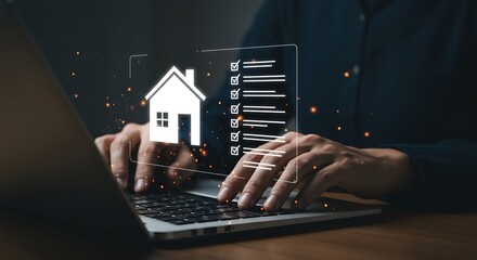 Person using a laptop to manage property tasks and home ownership