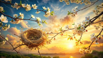 Empty bird nest nestled in blossoming branches at sunset, a tranquil scene of spring's gentle arrival and the promise of new life