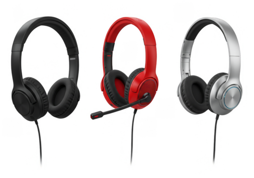 Isolated Background of Three Colorful Modern Headphones For Music Lovers