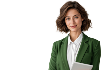Confident businesswoman in a green suit holding a digital tablet and smiling at the camera. Professional woman portrait isolated on transparent background