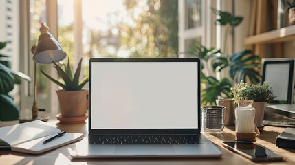 Floating Home Office Essentials - Laptop, Coffee & Notebook on Daylight White