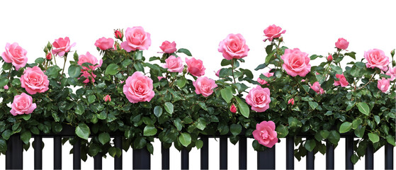 Charming pink roses cascade along a black fence, creating a delightful floral display with a transparent background for versatile design projects.