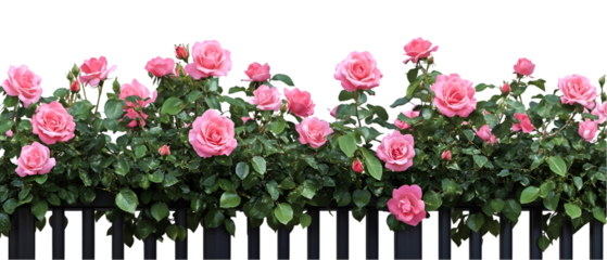 Charming pink roses cascade along a black fence, creating a delightful floral display with a transparent background for versatile design projects.