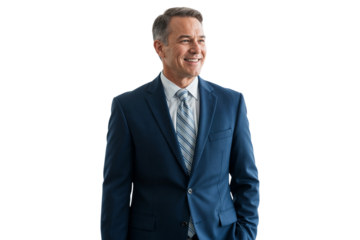 Confident executive manager in formal suit smiling and looking aside, isolated on transparent background