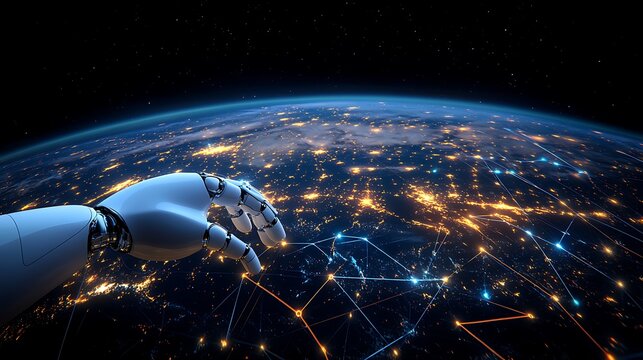 Robotic hand reaching out to a network of lights over the globe. - Powered by Adobe