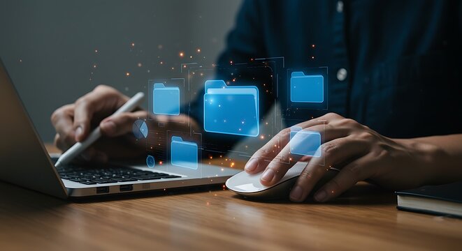 Hands organizing digital files and data on a laptop with a mouse