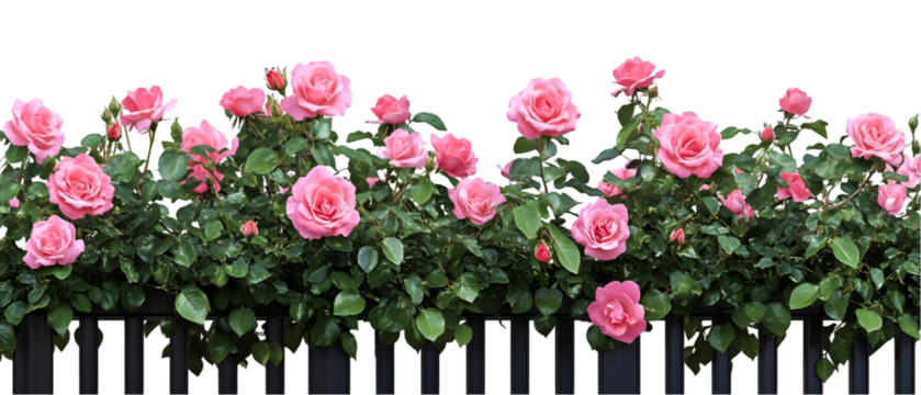 Charming pink roses cascade along a black fence, creating a delightful floral display with a transparent background for versatile design projects.