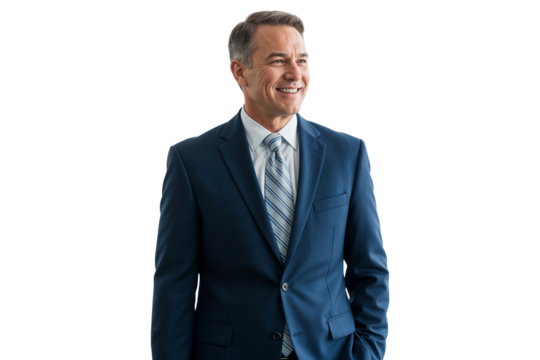 Confident executive manager in formal suit smiling and looking aside, isolated on transparent background