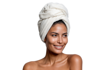 Beautiful woman with glowing skin smiling and looking away, wrapped in a white towel on her head, natural beauty on a transparent background