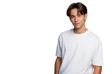 Handsome young man in a white t-shirt posing confidently with a relaxed expression with copy space, ideal for fashion, lifestyle, and casual wear concepts