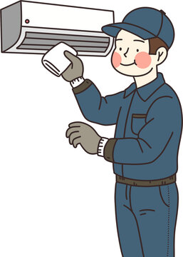 man cleaning air conditioner, blue uniform clip art preview