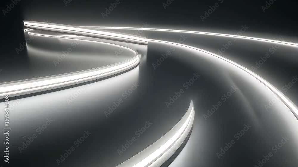 Poster Futuristic rendering of flowing white and neon lines on a dark background creating a dynamic visual experience, Futuristic 3d render of flowing white and neon lines on a dark background
