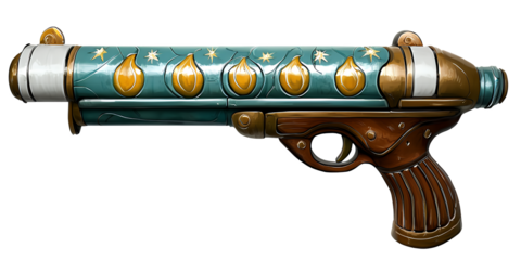 Detailed Steampunk Style Gun with Teal Gold and Brown Color Palettes