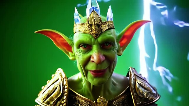 Goblin King with Crown, Fantasy Character Portrait, Green Skin