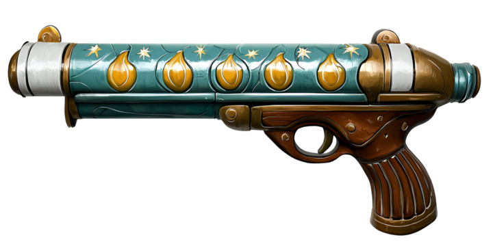 Detailed Steampunk Style Gun with Teal Gold and Brown Color Palettes