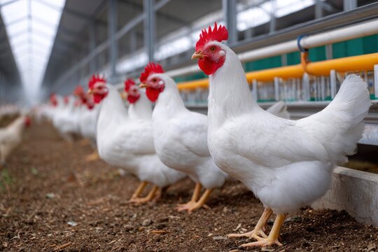 White chickens line a poultry house with red combs visible standing on dirt ground near feeding equipment