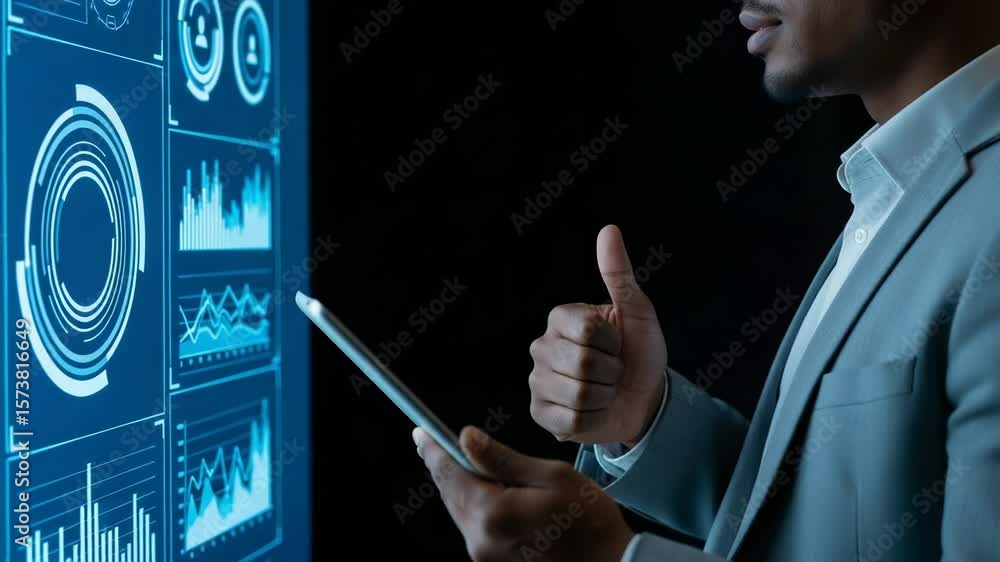 Aufkleber a businessman giving a thumbs up while interacting with a digital screen displaying data analytics a