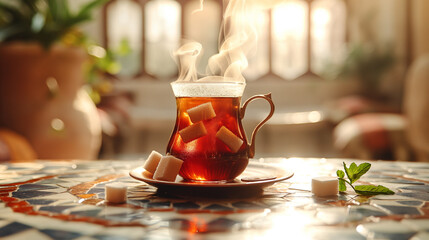 Turkish Black Tea with Swirling Steam, Sugar Cubes, Mint, and Copper Cezve over Mosaic Podium – Warm Terracotta Middle Eastern Café Scene