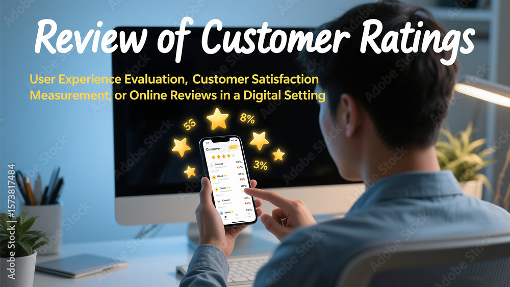Poster man looking at customer ratings on a smartphone with stars and a computer screen in the background