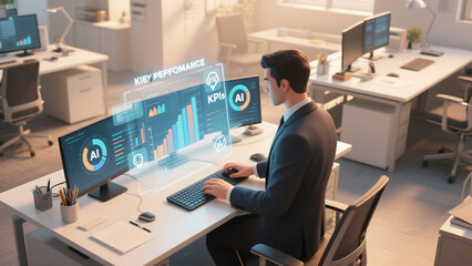 Man in suit analyzing key performance indicators on computer in bright modern office setting