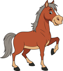 Cute cartoon brown horse standing, smiling farm animal vector, friendly pony character, children illustration, isolated design, livestock, animal graphic