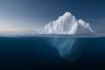 Photo of an iceberg with the bottom half submerged in water and top part showing ice, creating contrast between cold ocean depths and warm sea surface. ,photo-realistic landscapes