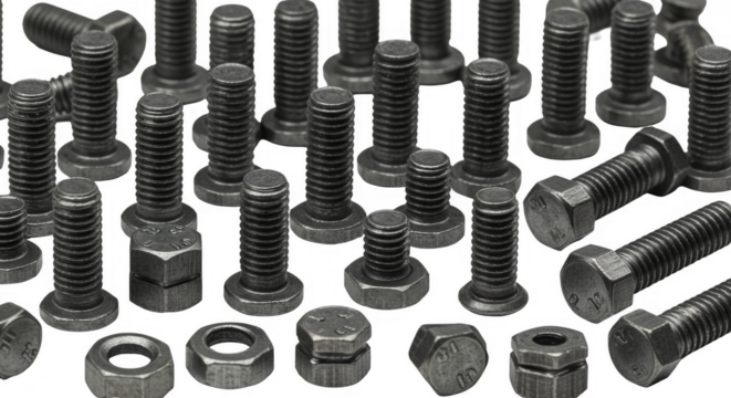 Isolated Background Various Metal Bolts Nuts and Screws Hardware Elements