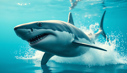 Great White Shark Swimming Underwater with Open Mouth and Sharp Teeth