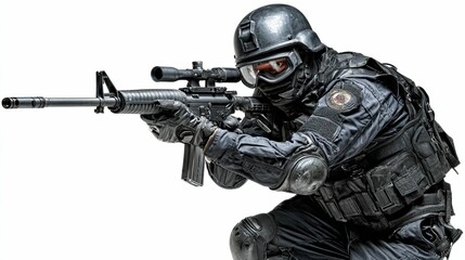 A heavily armed individual in tactical gear aiming a rifle, crouched, and isolated on white