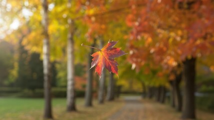 A vibrant autumn leaf floats gracefully against a backdrop of colorful trees and soft sunlight.